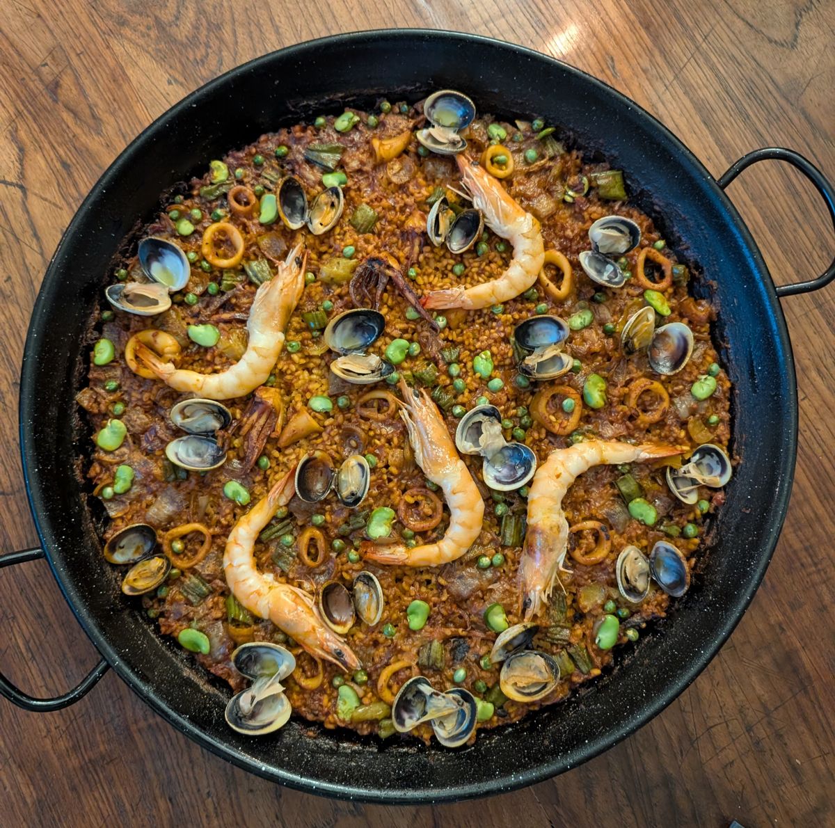 Seafood paella in the pan